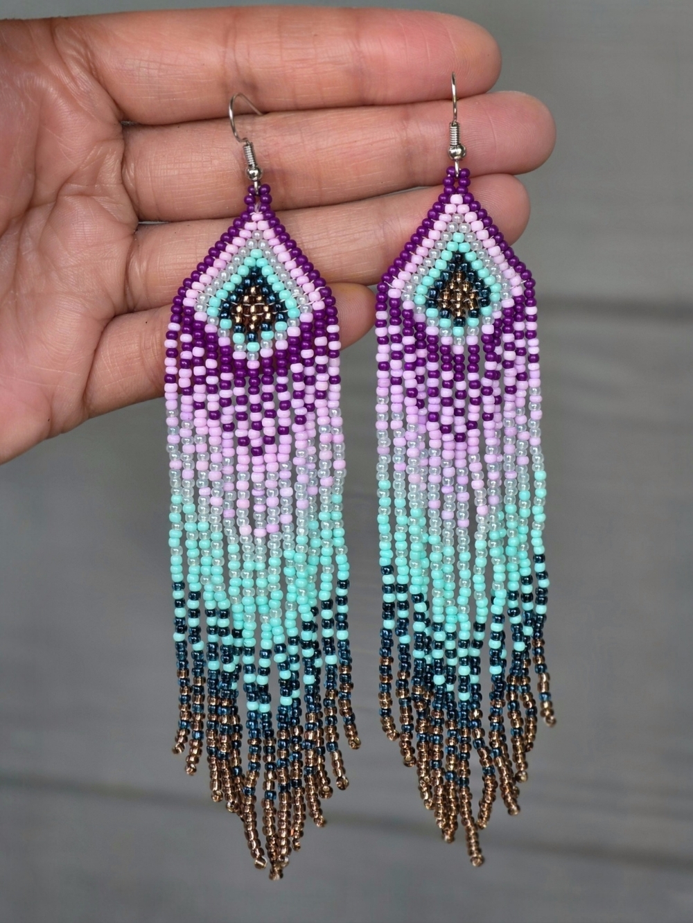 Purple Maze Boho Fringe Beaded Earrings Southwestern Boheme